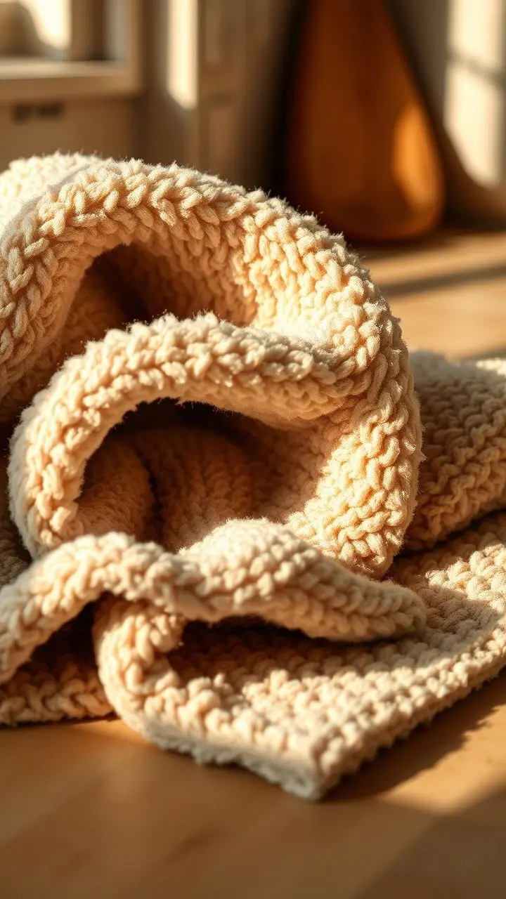 Close-up of a textured, plush dishwashing cloth with soft shadows.