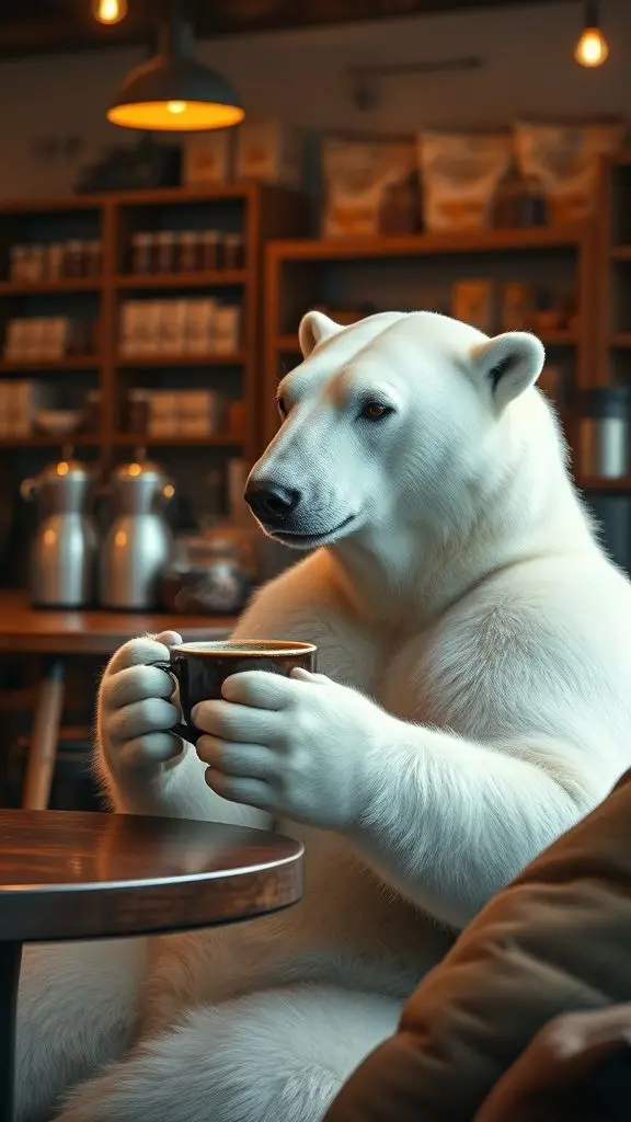 Polar bear sitting in a coffee shop with a cup of coffee.