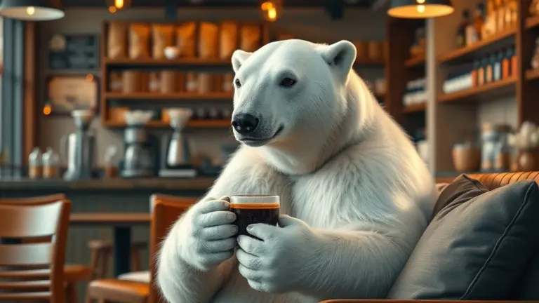 Polar bear drinking coffee in a cafe.