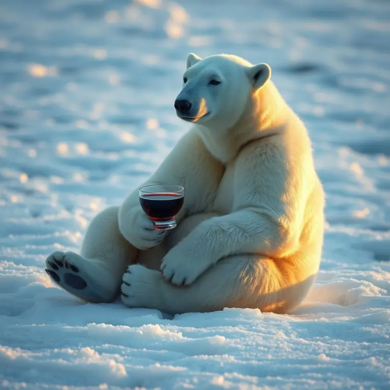 Polar bear holding a cup of red wine on icy tundra.