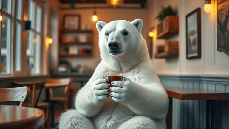 Polar bear drinking coffee in a cafe.