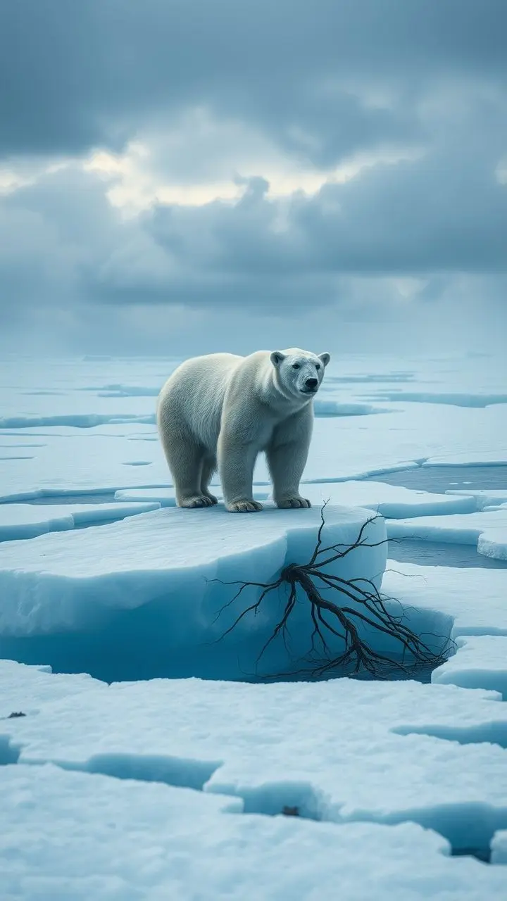 Polar bear on cracked ice under stormy sky.