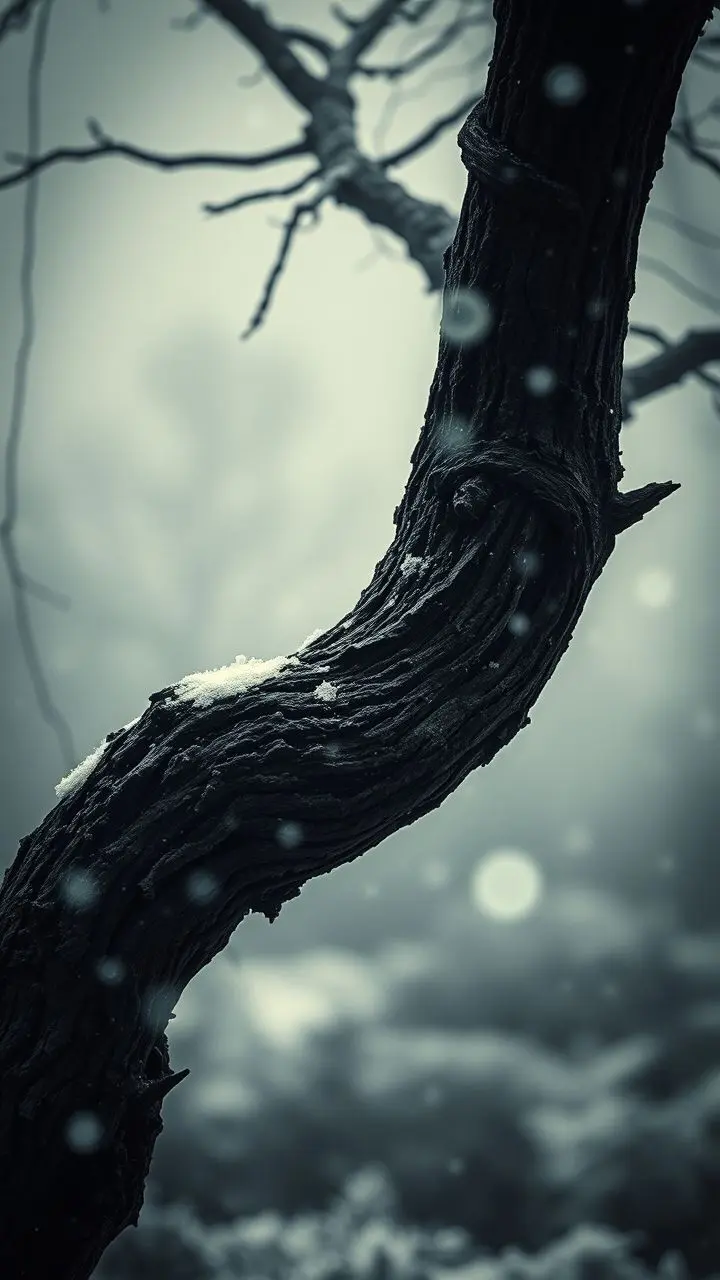 Inverted vintage photograph of a blizzard with ice disks and mist around a gnarled tree trunk.