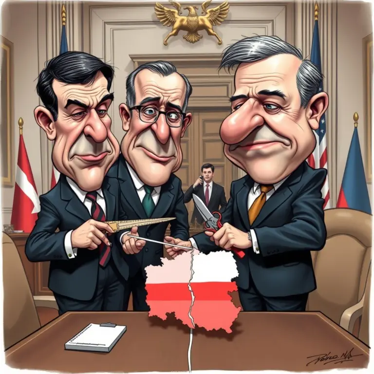 Caricature of smug officials dividing Poland with giant tools.
