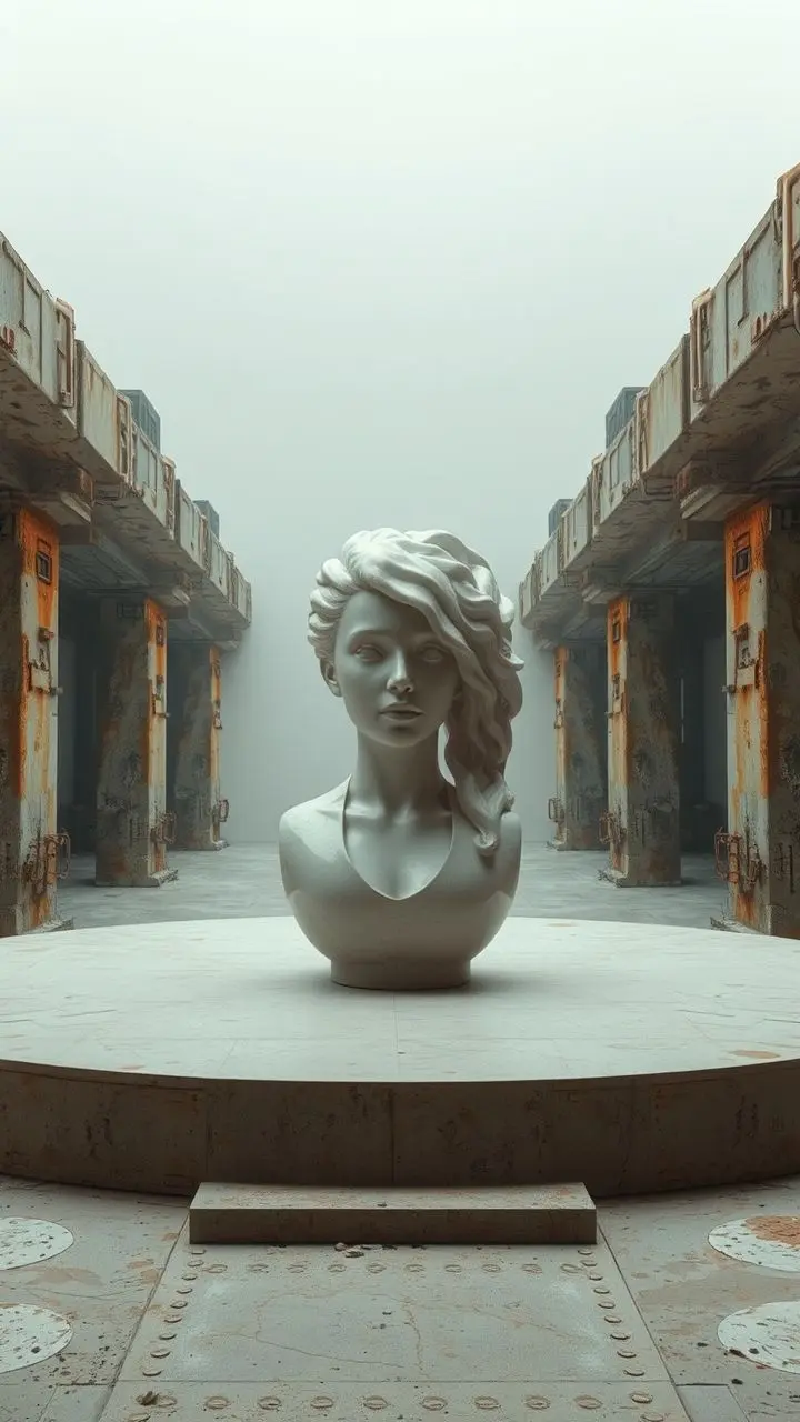 Surreal scene with porcelain hair receiver on stage, brutalist architecture, cosmic elements.