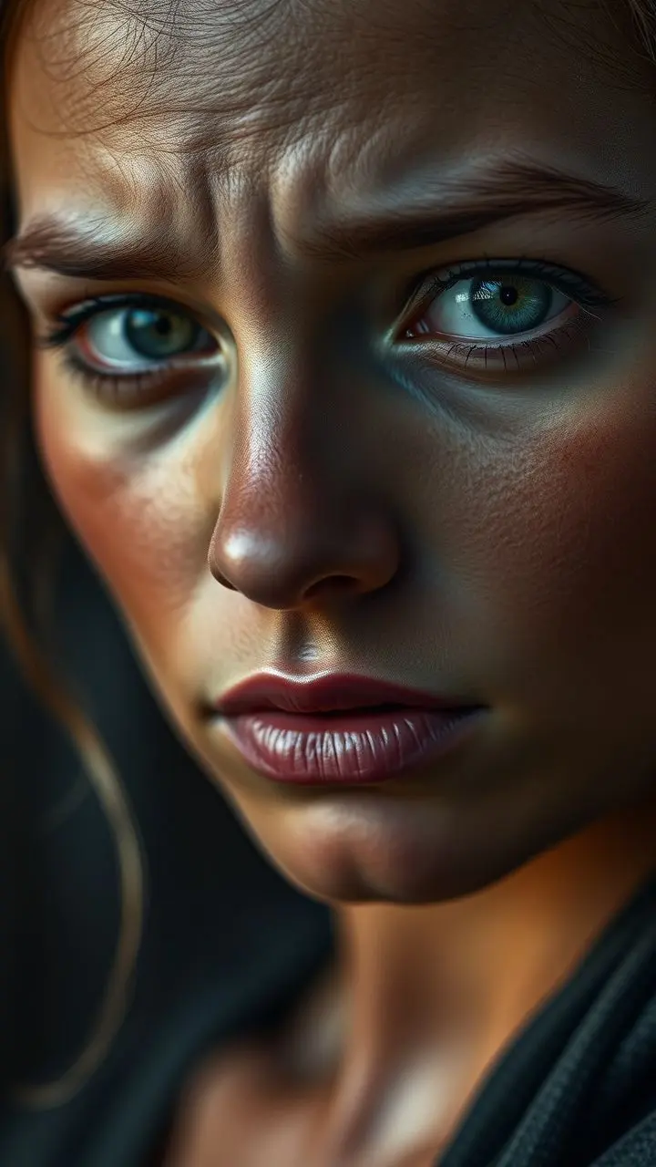 Close-up portrait of a person with a deeply expressive and realistic face, conveying subtle emotion.