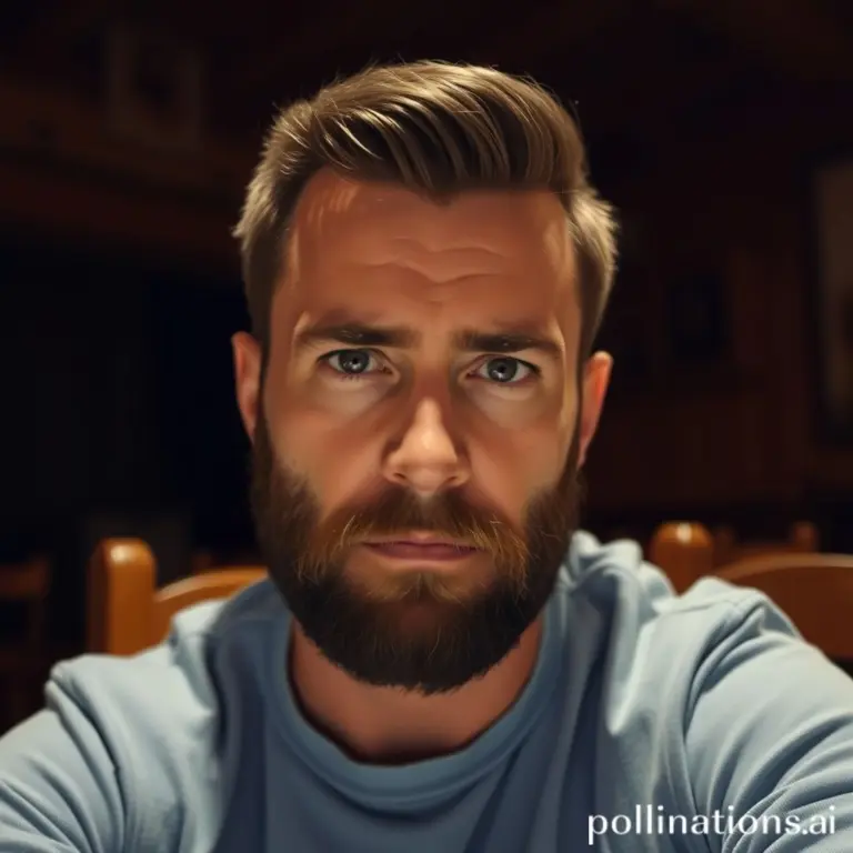 Bearded man with serious expression in a cozy, dimly lit room.