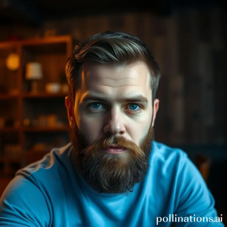 Bearded man in blue shirt, serious expression, dimly lit room