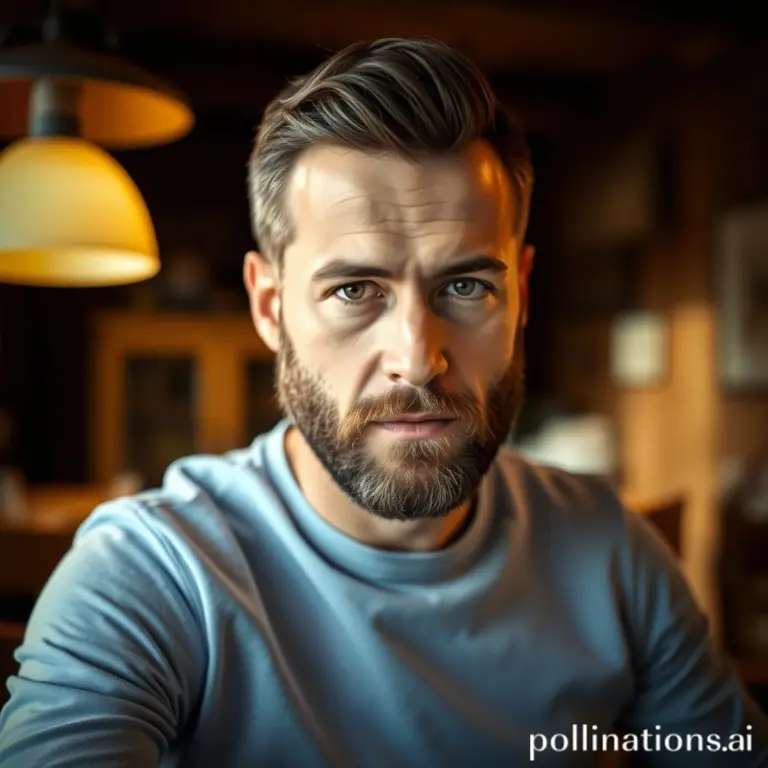 Bearded man with serious expression, wearing blue shirt, in a cozy room.
