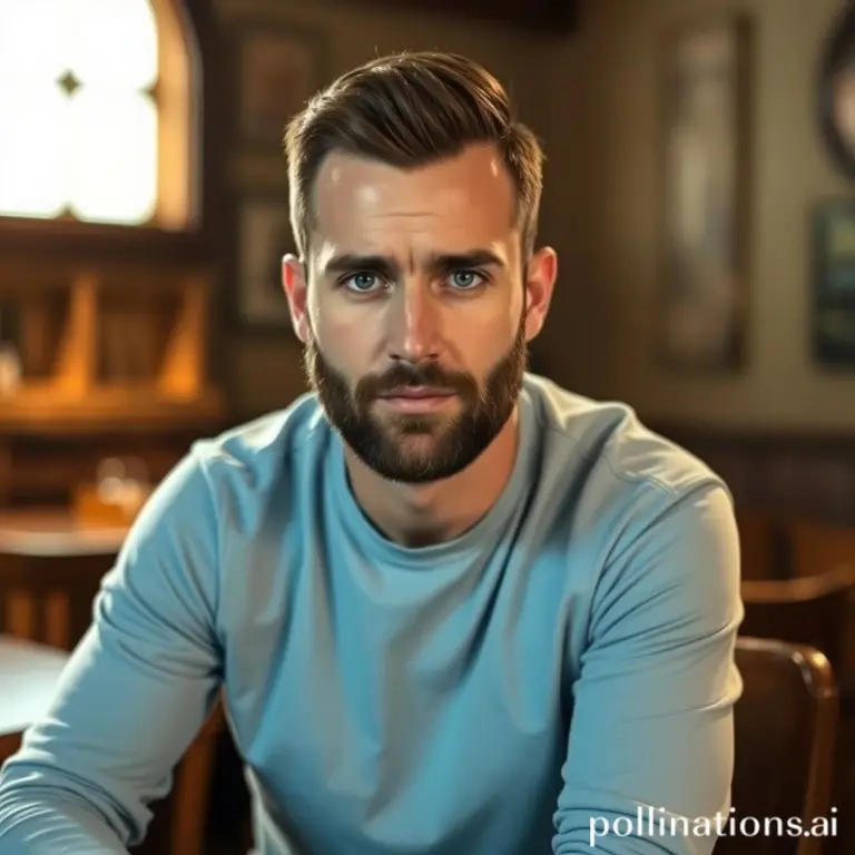 Bearded man in blue shirt, serious expression, wooden room background