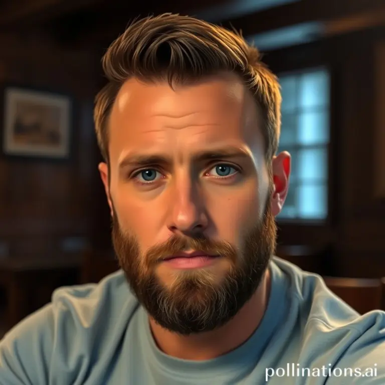 Bearded man in a blue shirt, serious expression, cozy room background.