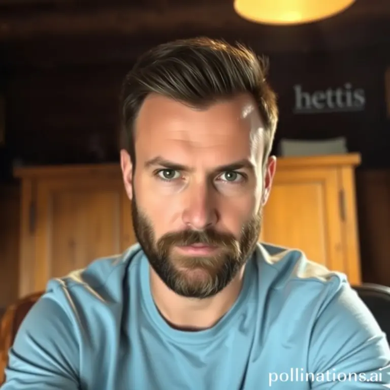 Bearded man with serious expression in a dimly lit room.