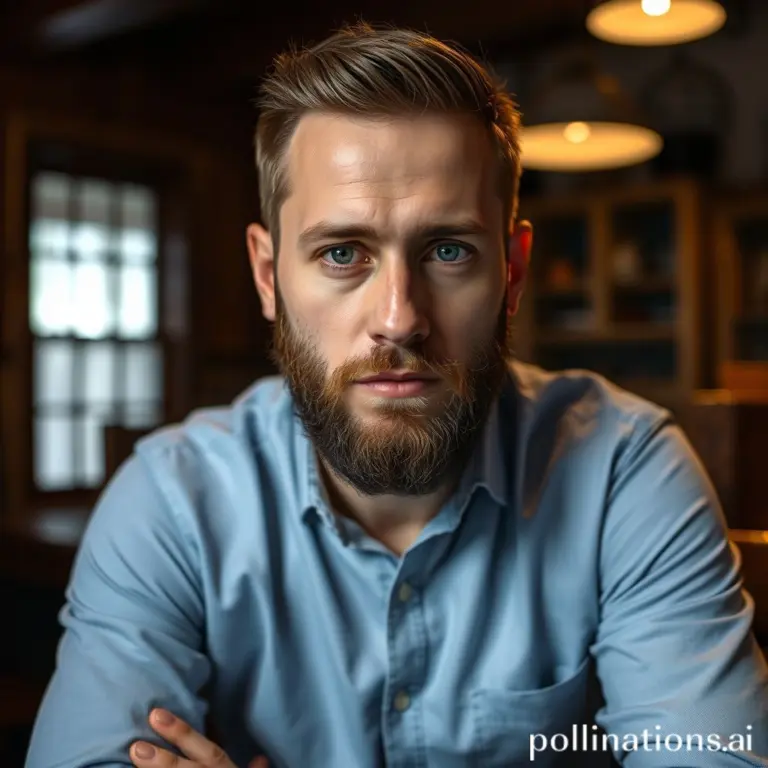 Bearded man in a blue shirt, serious expression, dimly lit room, wooden furniture.