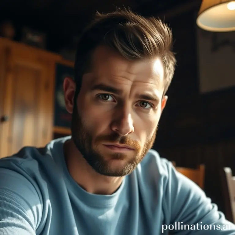 Bearded man in blue shirt, serious expression, dimly lit room.