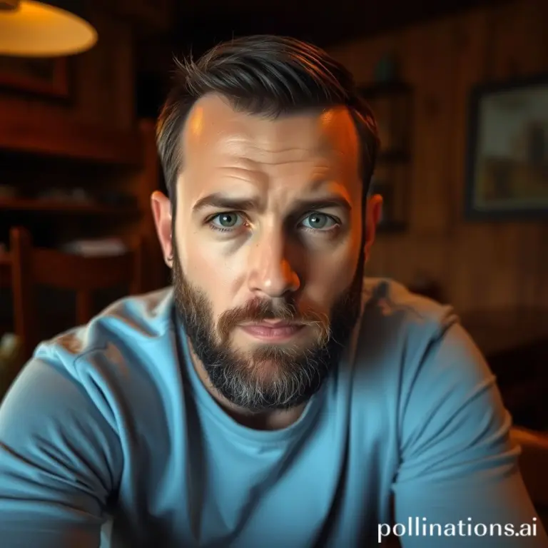 Bearded man with serious expression, wearing a blue shirt, in a cozy, dimly lit room.