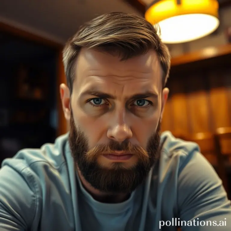 Bearded man with serious expression in a dimly lit room.