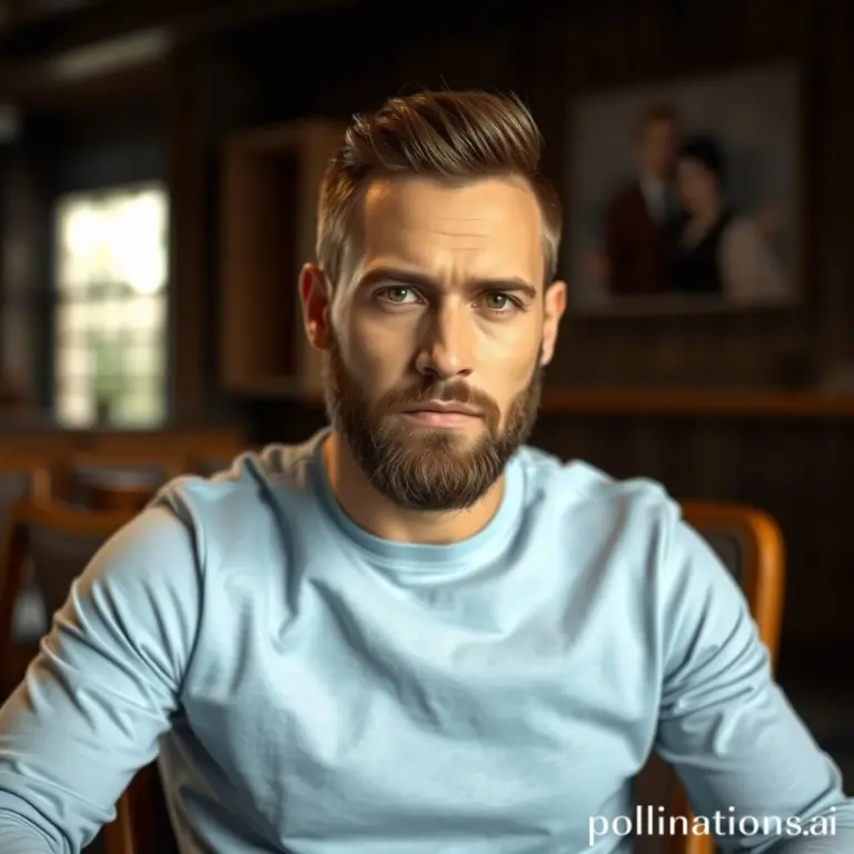 Bearded man in a blue shirt, serious expression, dimly lit room with wooden furniture.