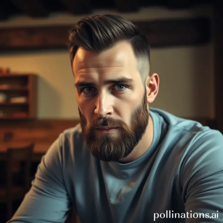 Bearded man with a serious expression, wearing a blue shirt, in a rustic room.