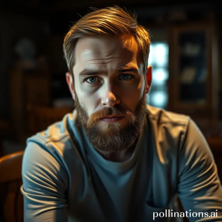 Bearded man in blue shirt, serious expression, rustic room.