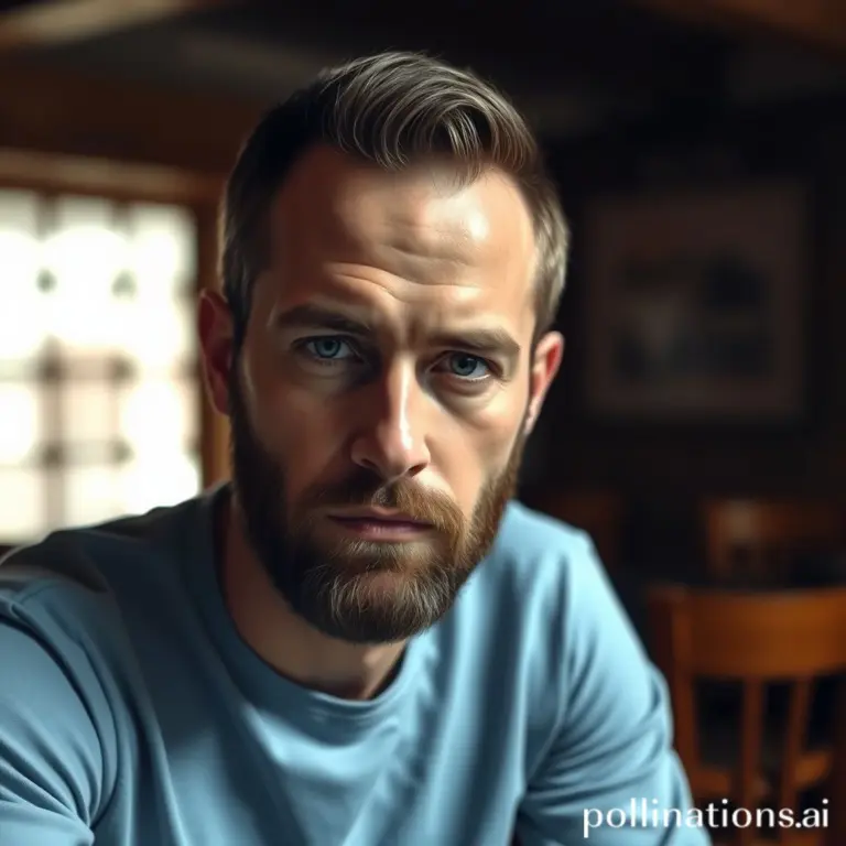 Bearded man in blue shirt, serious expression, rustic room.