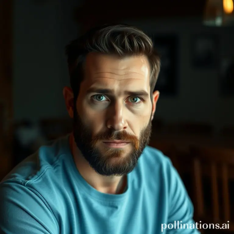 Bearded man with serious expression in a dimly lit room with wooden furniture.