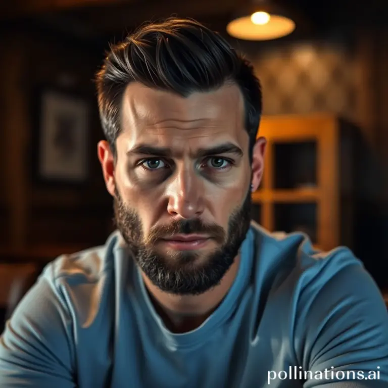 Bearded man with a serious expression in a dimly lit room.