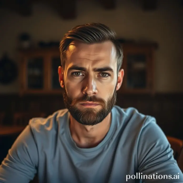 Bearded man in blue shirt, serious expression, rustic room.