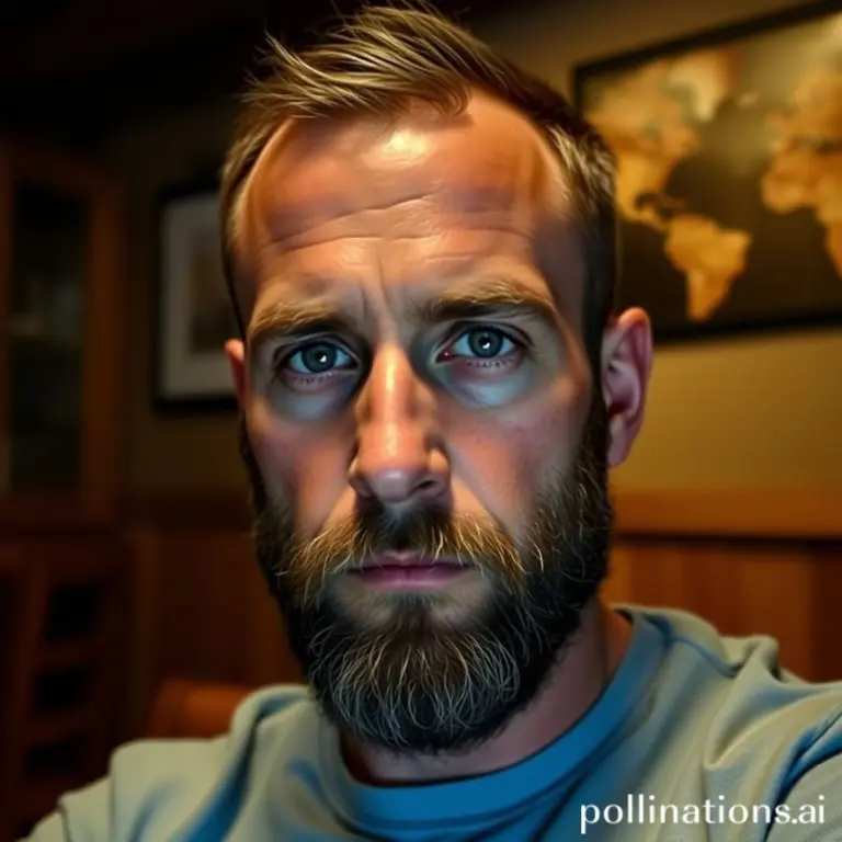 Bearded man in a blue shirt in a rustic room.