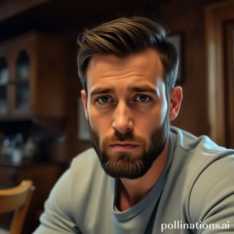 Bearded man in a blue shirt, serious expression, dim room with wooden furniture.