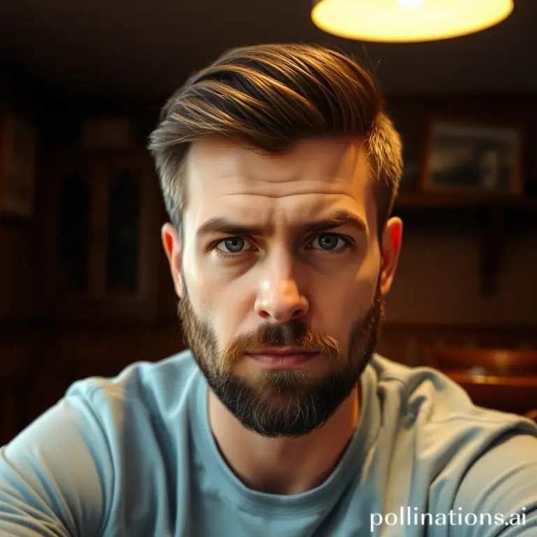 Bearded man in a blue shirt, serious expression, rustic room.
