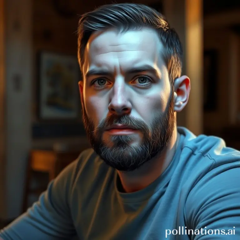 Bearded man with serious expression in a cozy room