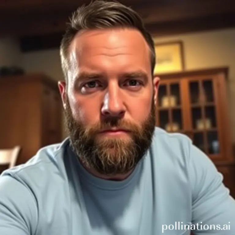 Bearded man with a serious expression, wearing a blue shirt, in a rustic room.