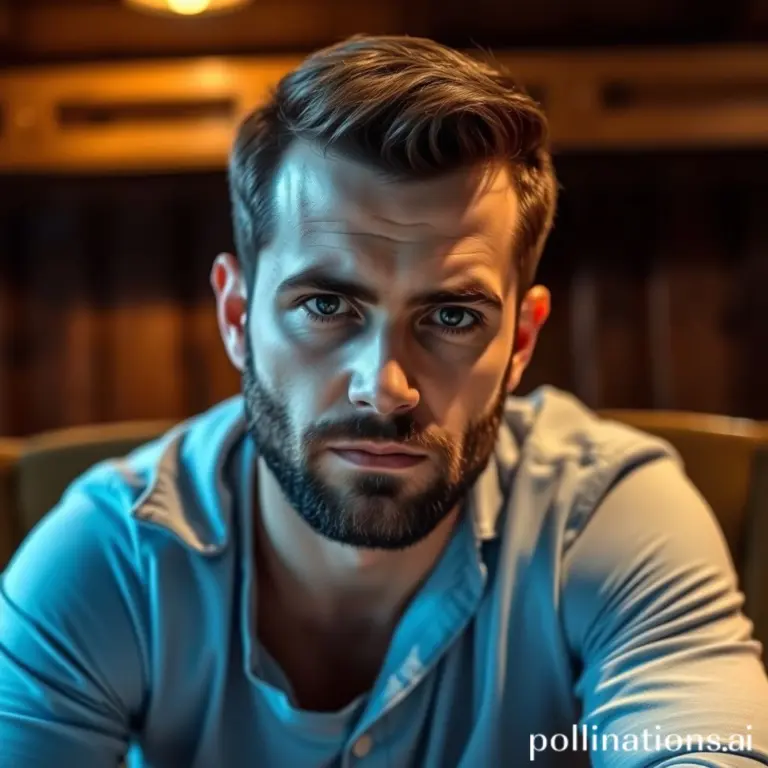 Bearded man in a blue shirt, serious expression, dimly lit room.