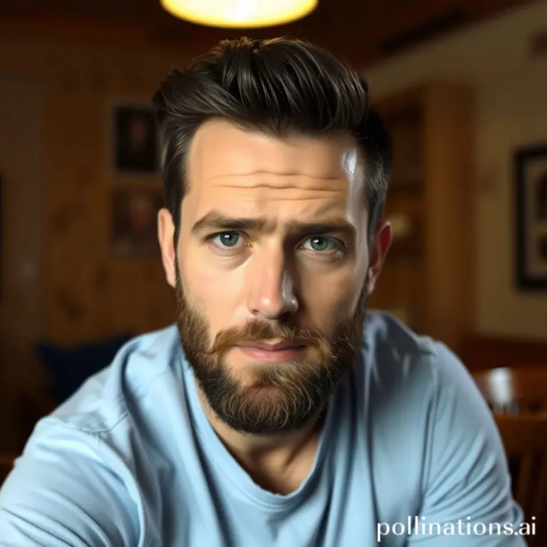 Bearded man in blue shirt, serious expression, dimly lit room with wood furniture.