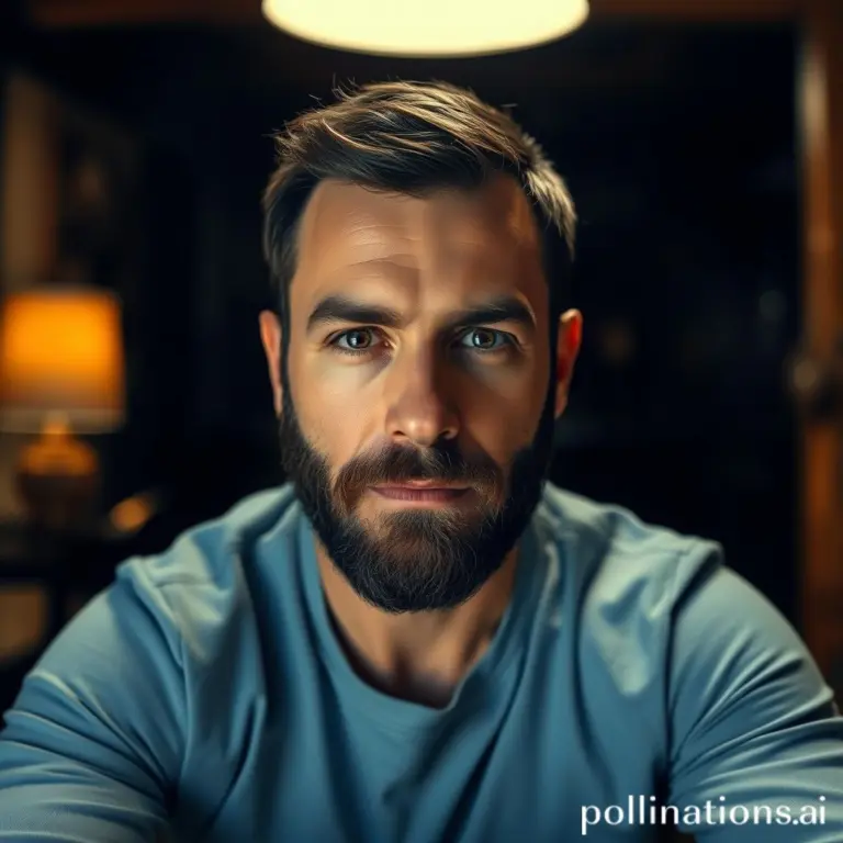 Bearded man in a blue shirt, serious expression, dimly lit room with wooden furniture.