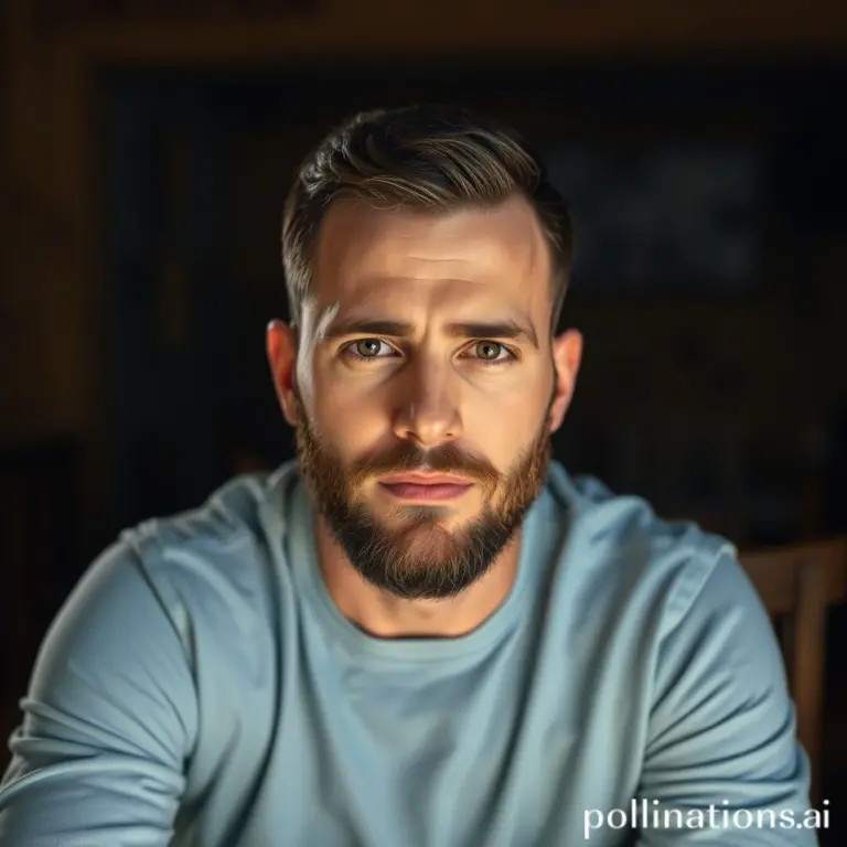 Bearded man in blue shirt, serious expression, dimly lit rustic room.