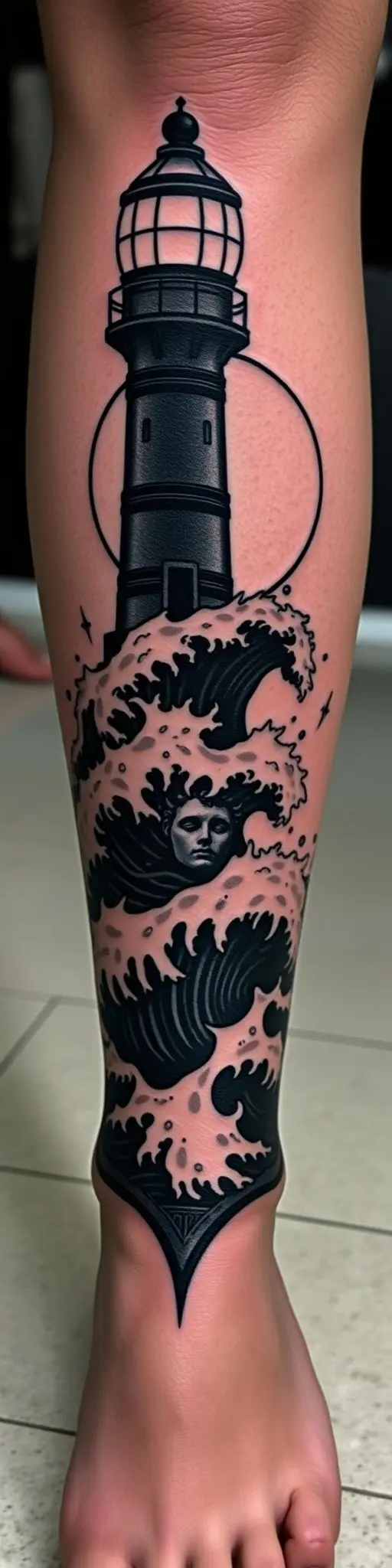 Blackout tattoo of lighthouse and Poseidon on calf.