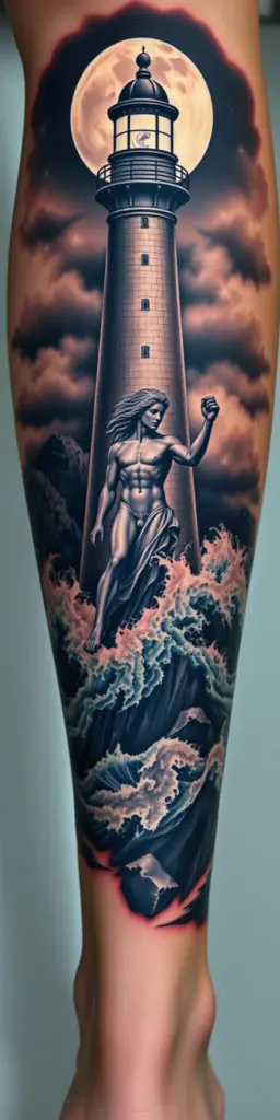 Realistic tattoo of Poseidon and a lighthouse on a calf.