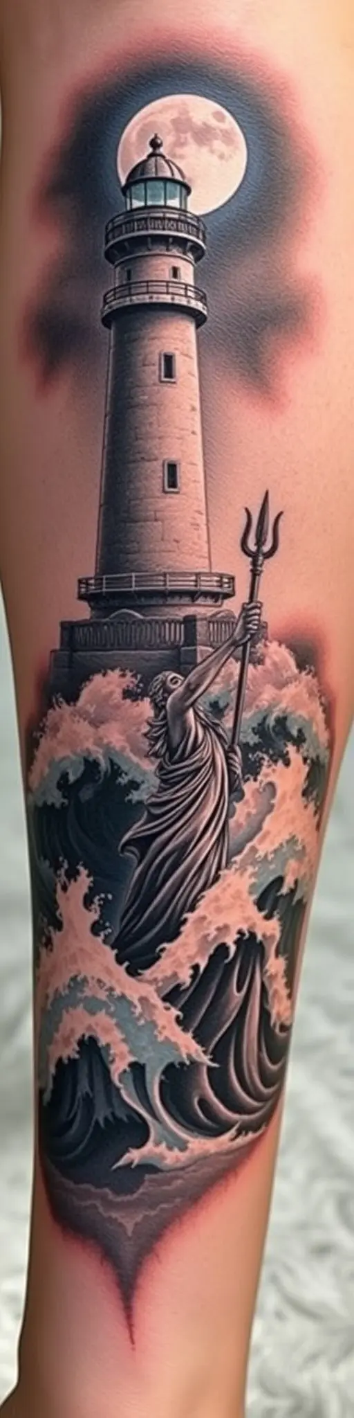 Realistic tattoo design of a lighthouse and Poseidon on a calf.