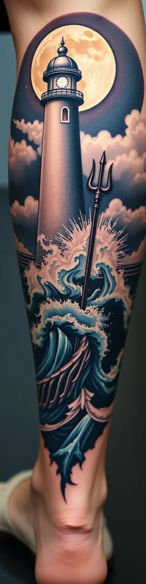 Detailed calf tattoo of a lighthouse and Poseidon illusion.