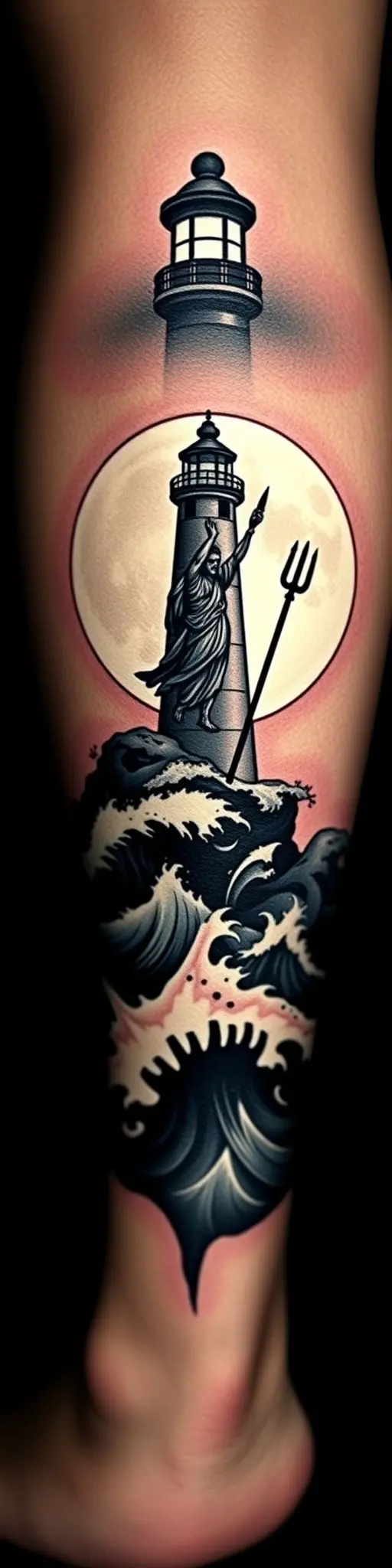 Blackout tattoo of a lighthouse and Poseidon on a calf.