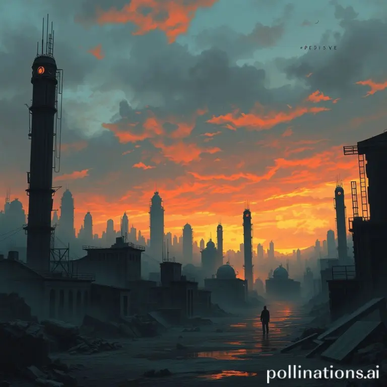 Ruined cityscape at dusk, digital art