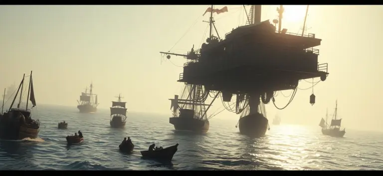 Survivors in a post-apocalyptic city made of boats on the ocean.