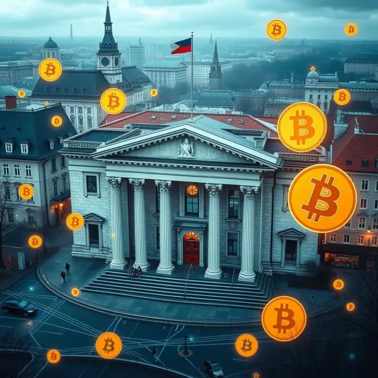 Czech National Bank building with digital blockchain and Bitcoin symbols.