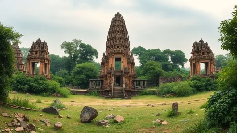 Prasat Si Khoraphum ruins with central tower intact, overgrown with plants.