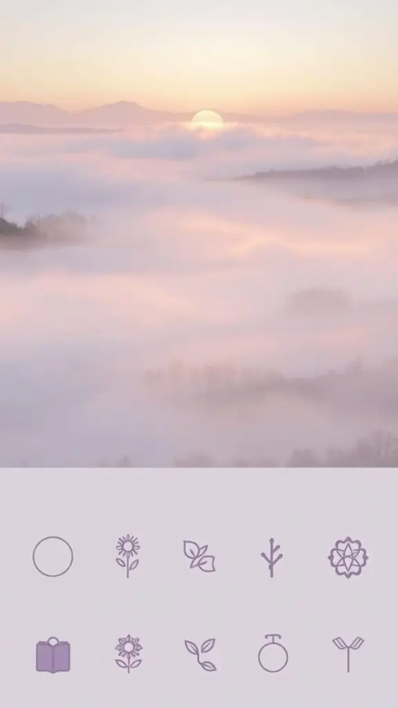 Icons depicting a misty pre-dawn with pastel colors and light beams.