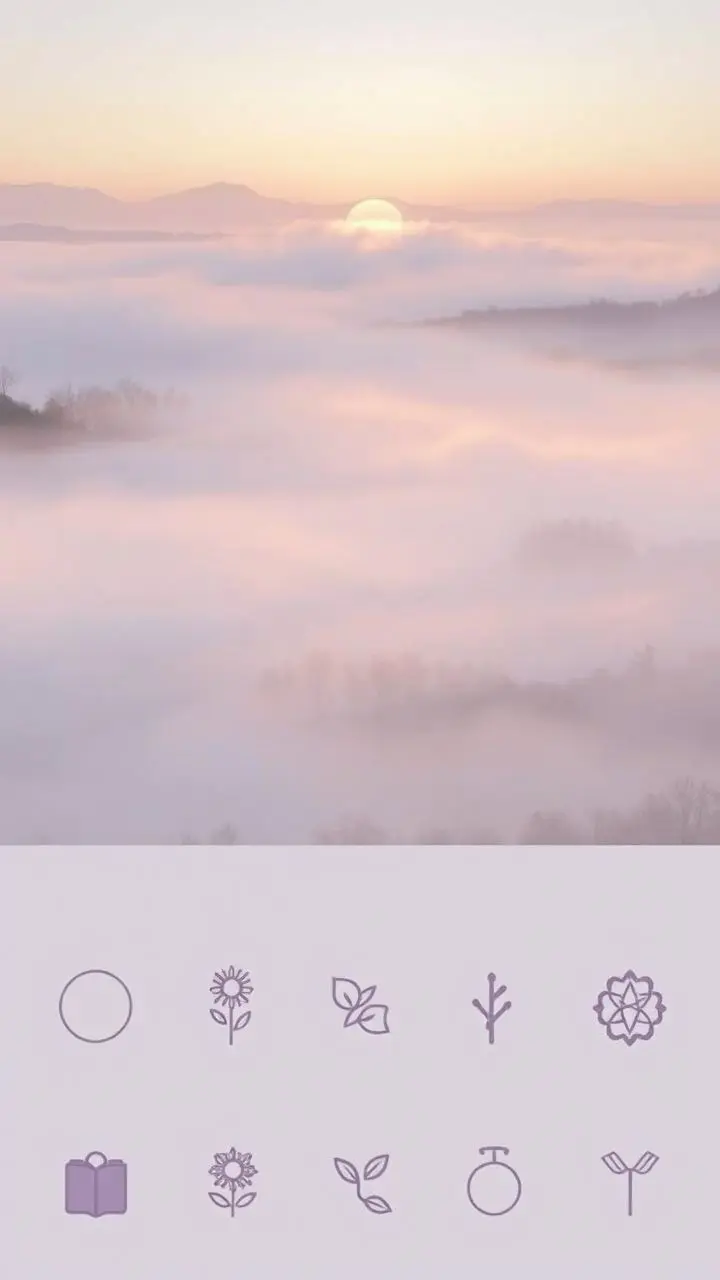 Icons depicting a misty pre-dawn with pastel colors and light beams.