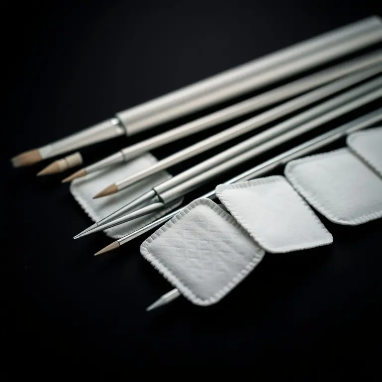 Sterilized beauty tools for eyelash and eyebrow treatments laid out on a black surface.