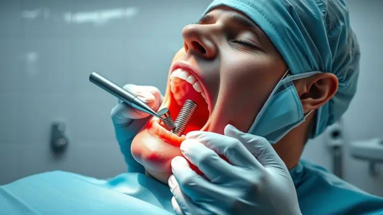 Dental surgeon performing implant surgery.