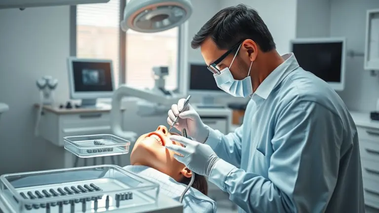 Dental surgeon performing implant surgery with tools.